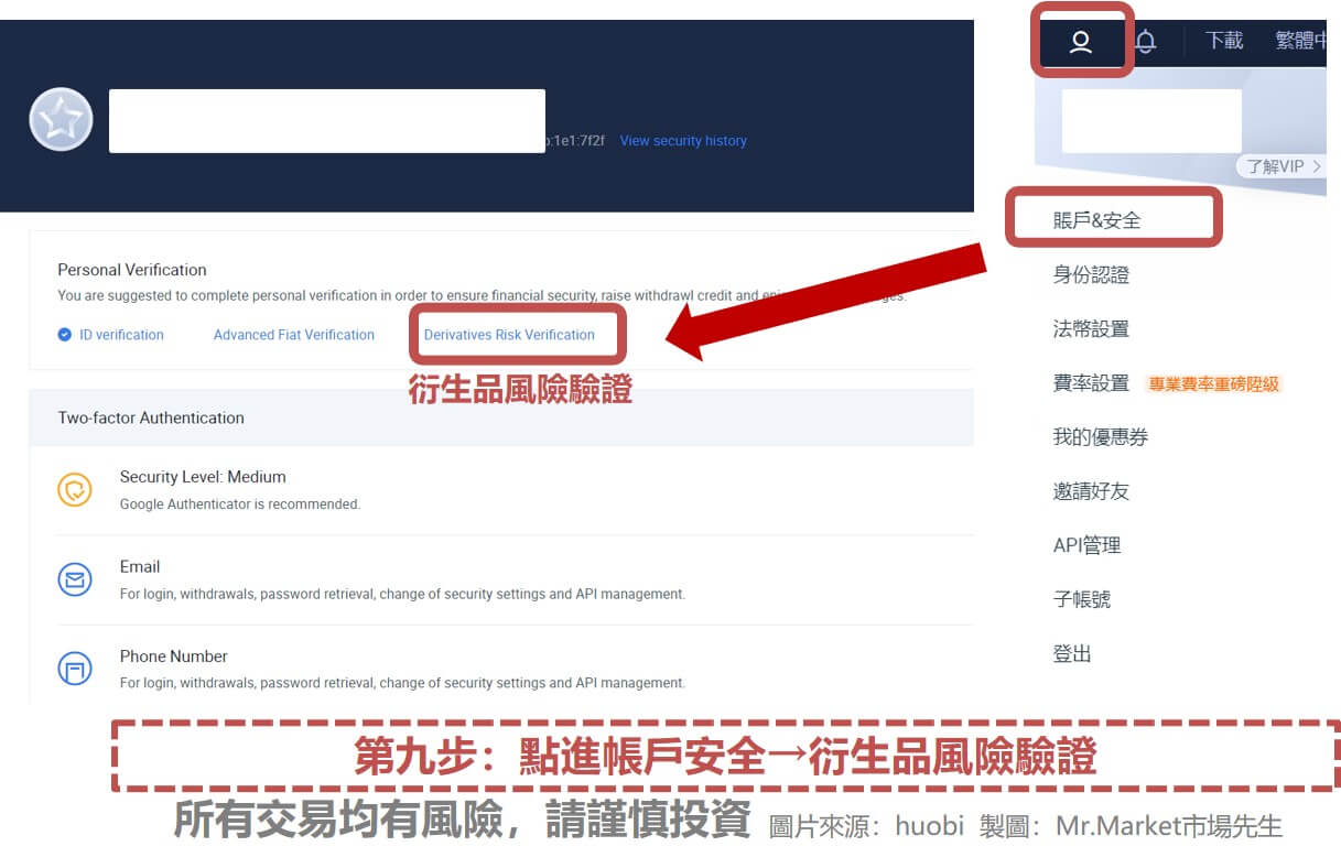 【火幣(Huobi)註冊步驟九】【帳戶安全】→【衍生品風險驗證】