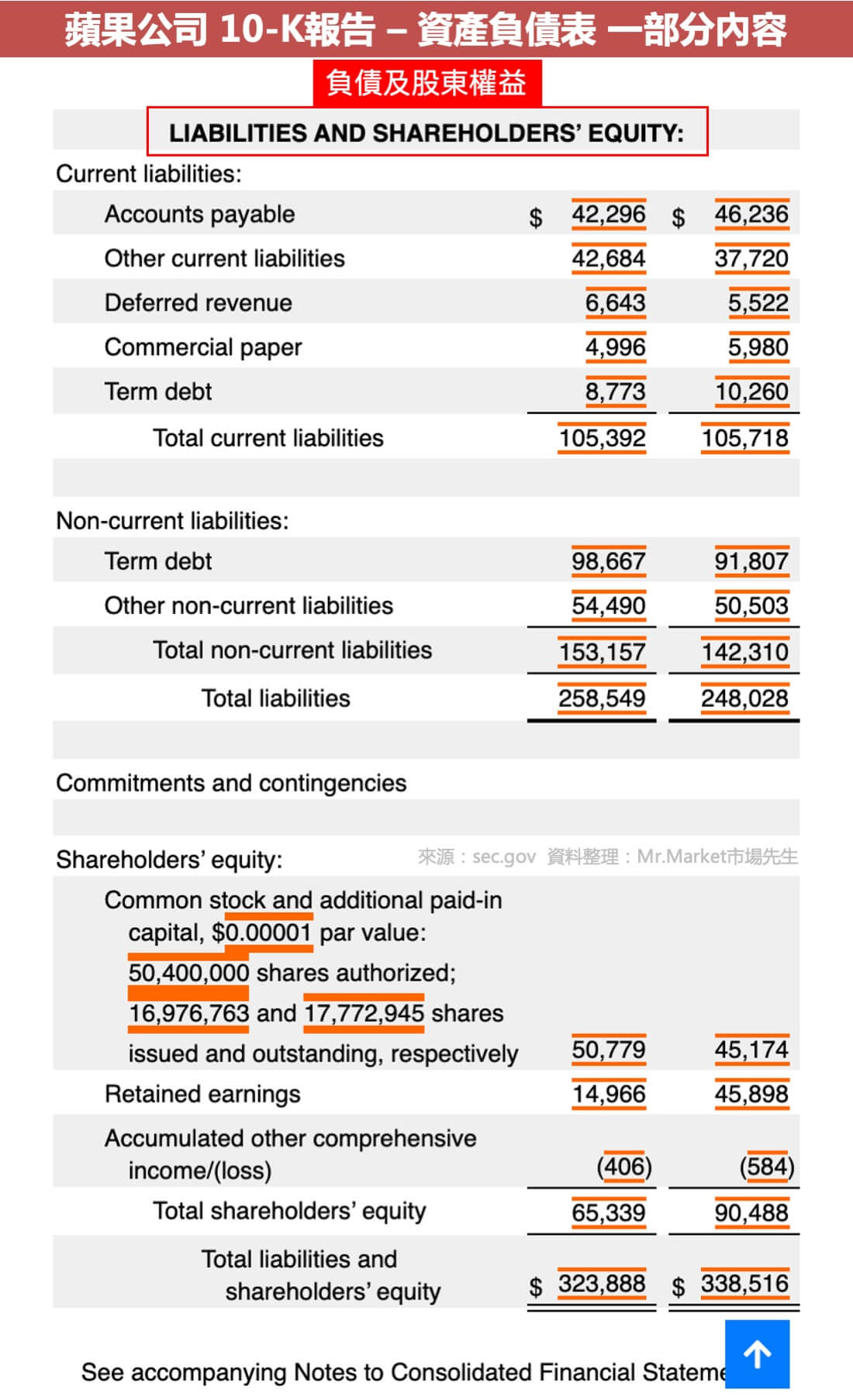 apple 10k 資產負債表-負債及股東權益