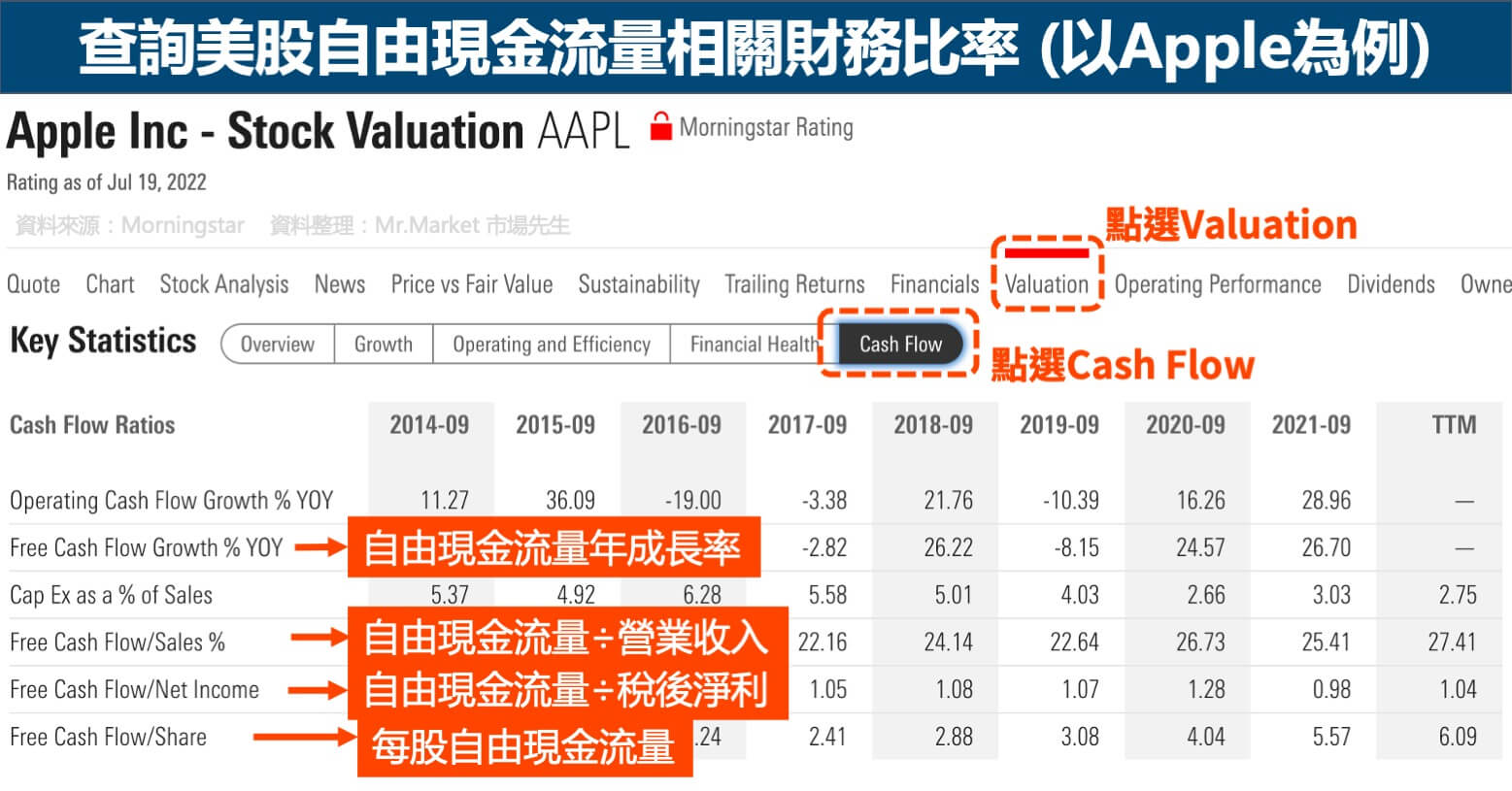 查詢美股自由現金流量相關財務比率