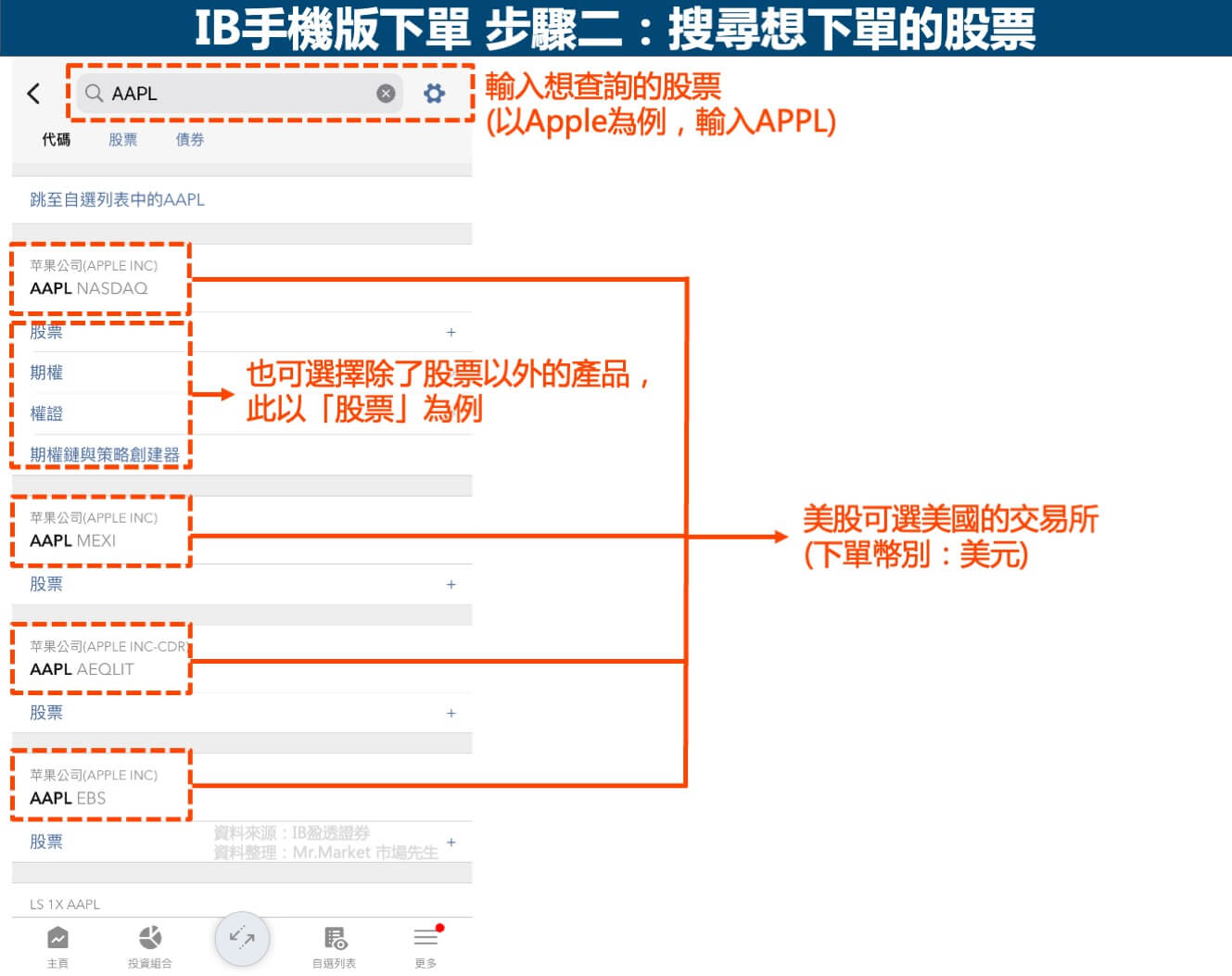 IB美股下單手機版步驟二-搜尋股票-1