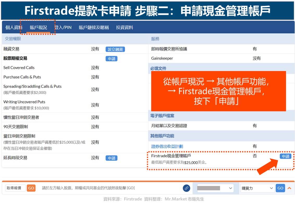 firstrade提款卡申請步驟二: 申請現金管理帳戶